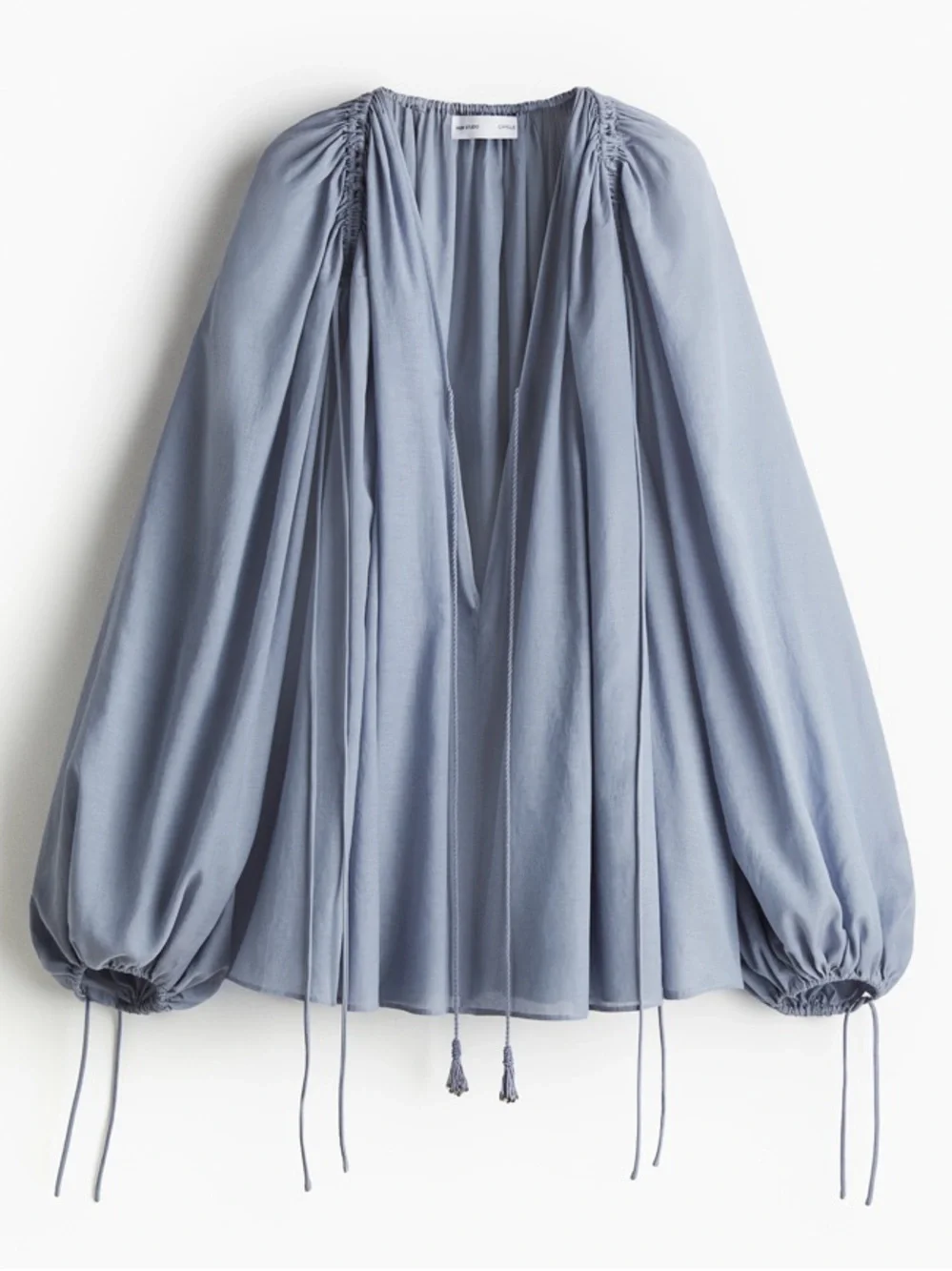 H&M NWT!! Light Blue Lightweight Tie-Front Peasant Oversized Loose Fit Blouse ML - Picture 4 of 16